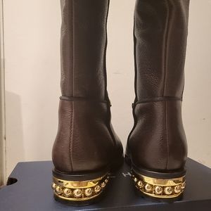 Nwt Karl Lagerfeld gold pearl leather knee high boots